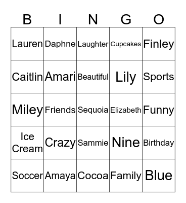 Amaya's 9th Birthday Bingo Card