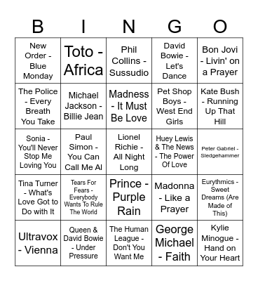 Hits From The 80's Bingo Card