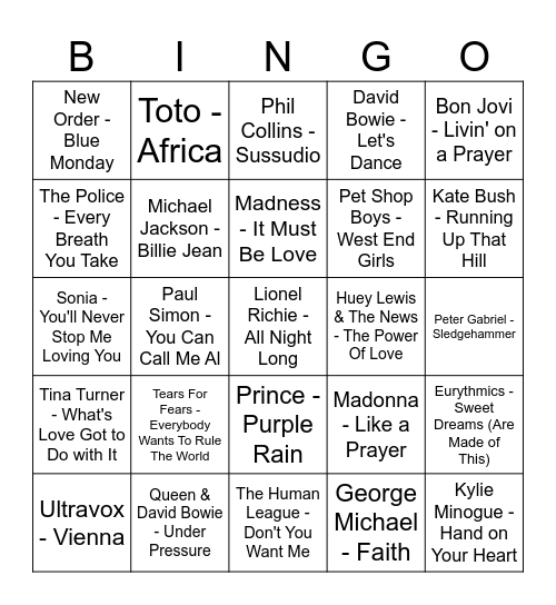 Hits From The 80's Bingo Card
