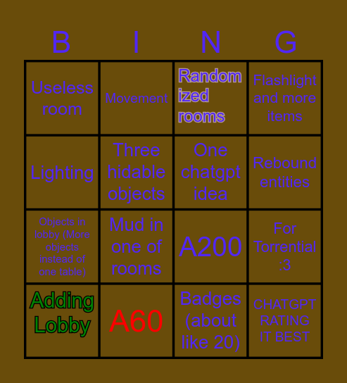 Making Rooms fangame Bingo Card