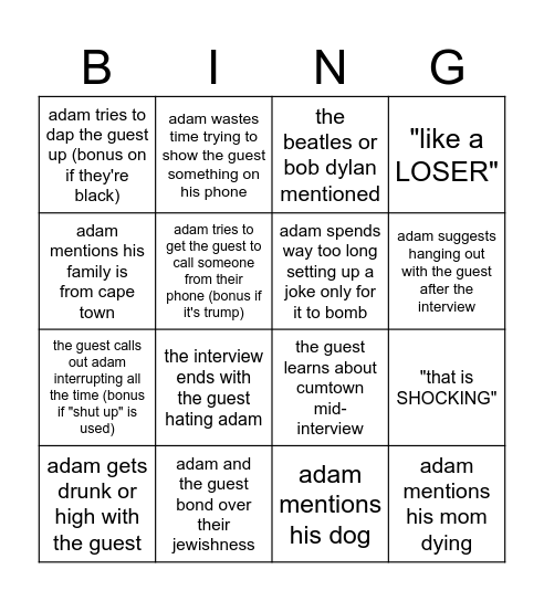 The Adam Friedland Show Bingo Card