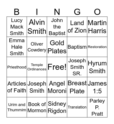 Joseph Smith and Church History Bingo Card