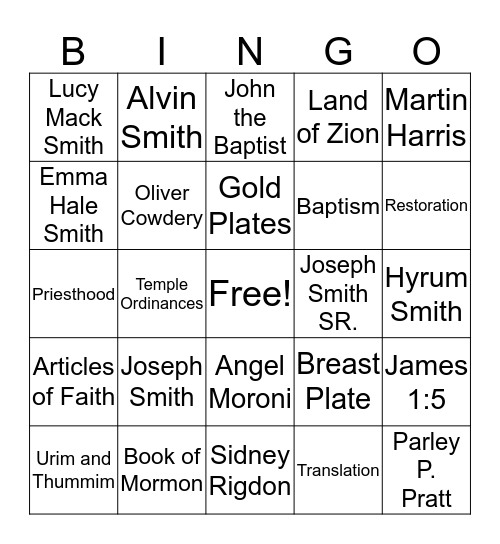 Joseph Smith and Church History Bingo Card
