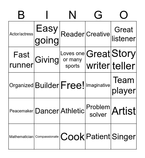 My Talents Bingo Card