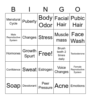 Puberty BINGO Card