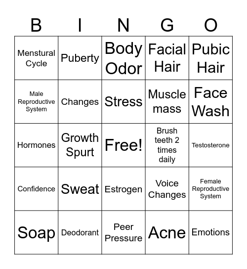 Puberty BINGO Card