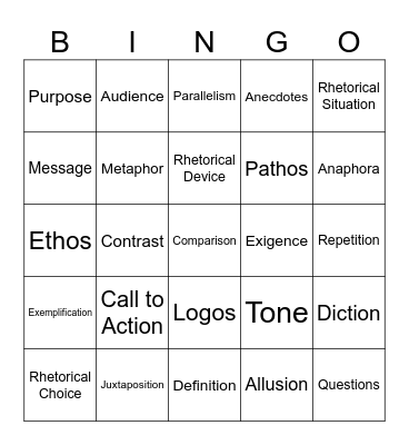 Rhetorical Terms Bingo Card