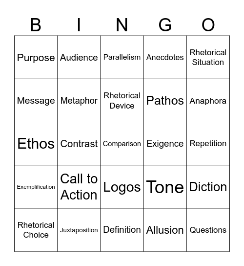 Rhetorical Terms Bingo Card