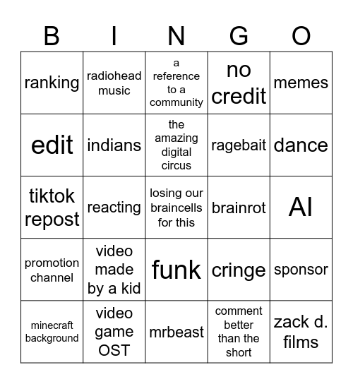 youtube short Bingo Card