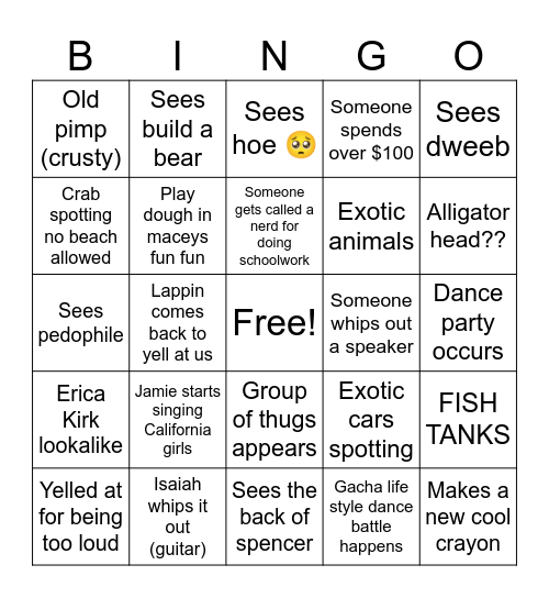 Bus and Mall Bingo Card