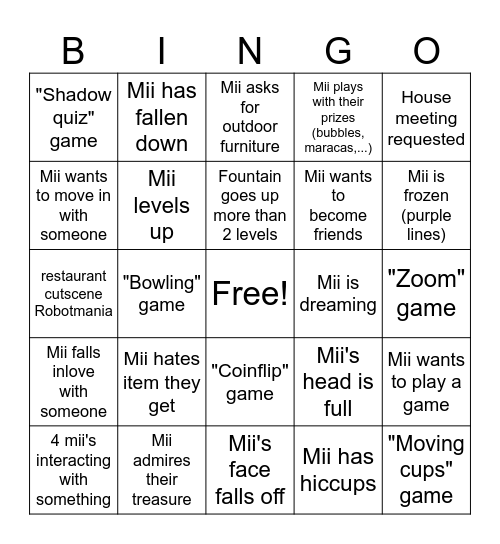 Tomodachi life living the dream Bingo Card