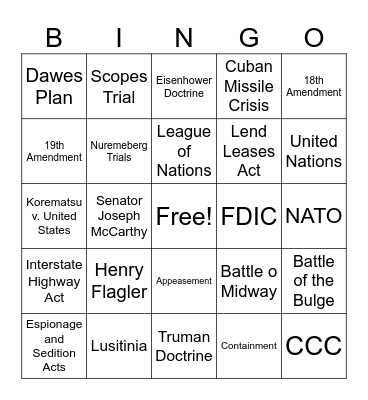 US History EOC Review #2 Bingo Card