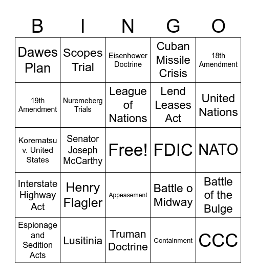 US History EOC Review #2 Bingo Card