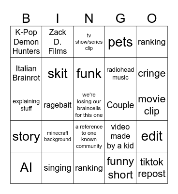 youtube shorts Bingo Card