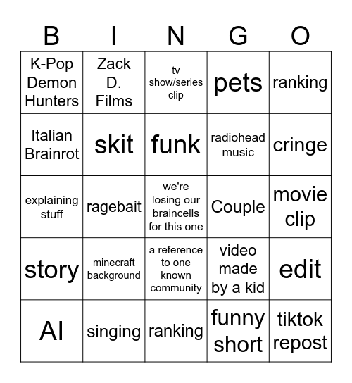 youtube shorts Bingo Card