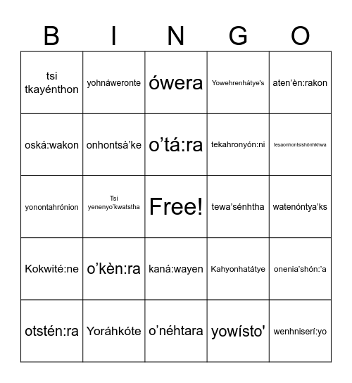 o’kèn:ra Bingo Card