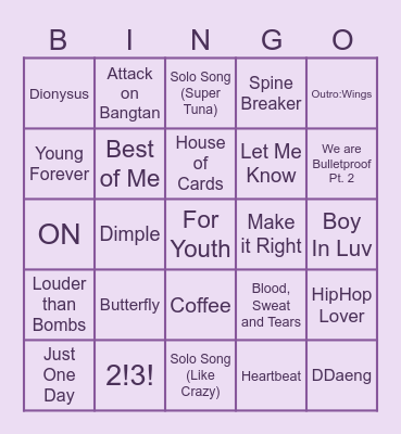 BTS Surprise Song Bingo Card