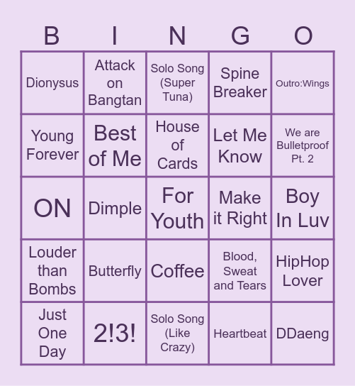 BTS Surprise Song Bingo Card