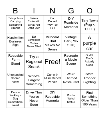 Road Trip  Scavenger Hunt Bingo Card