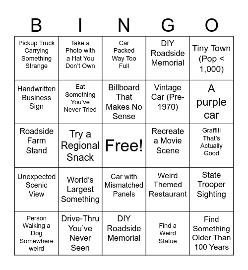 Road Trip  Scavenger Hunt Bingo Card