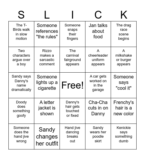 Grease Bingo Card