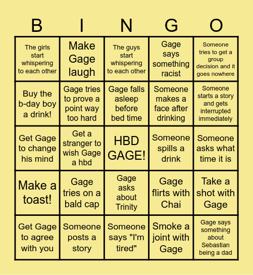 Gage's Birthday Bingo Card