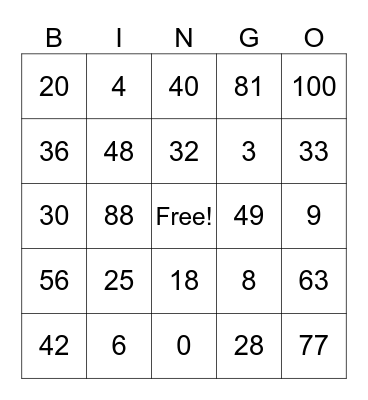 Multiplication Bingo Card