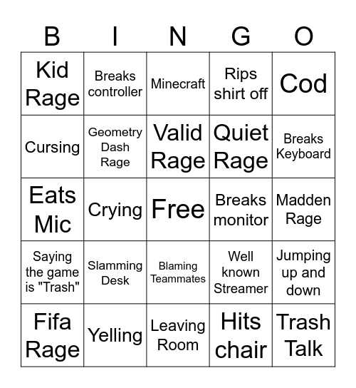 Gamer rage bingo Card