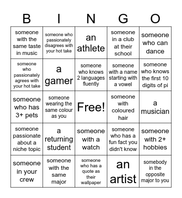 STUDENT ORIENTATION BINGO Card