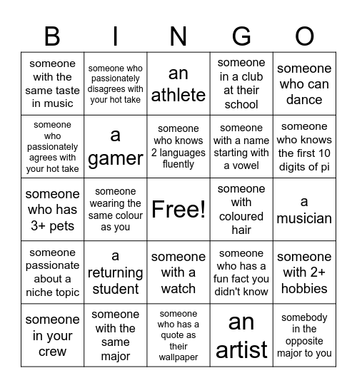 STUDENT ORIENTATION BINGO Card