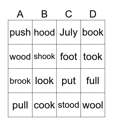 Vowel Patterns oo, u Bingo Card