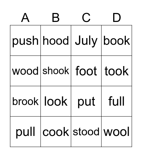 Vowel Patterns oo, u Bingo Card
