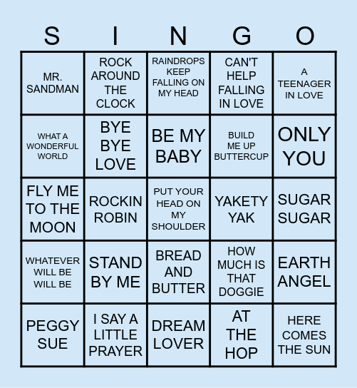 1950s and 60s HIT SONGS Bingo Card