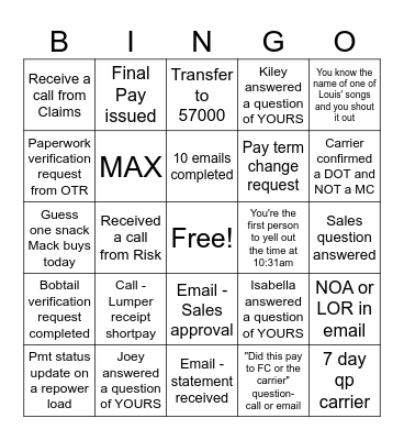 Carrier Relations Bingo Card