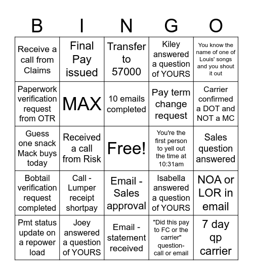 Carrier Relations Bingo Card