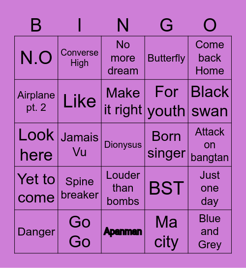BTS Surprise Bingo Card