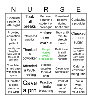 Nurses Week Bingo Card