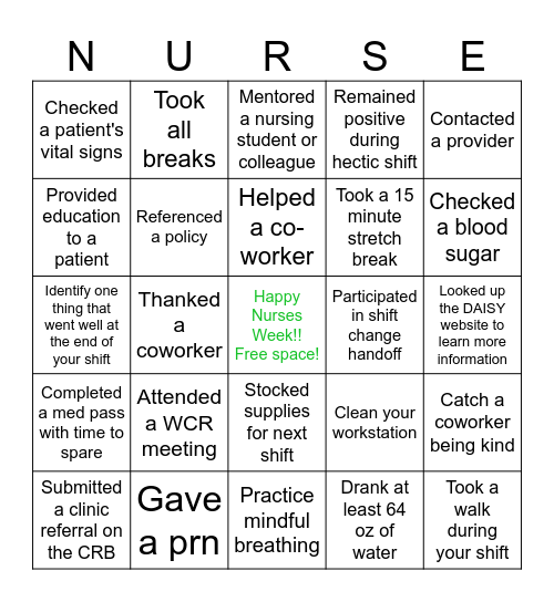 Nurses Week Bingo Card