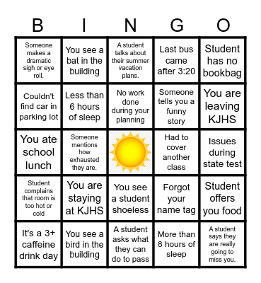 End of Year Teacher Bingo Card