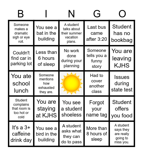 End of Year Teacher Bingo Card