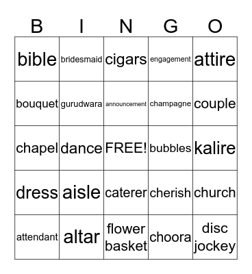 Jaskirat's Bridal Shower Bingo Card