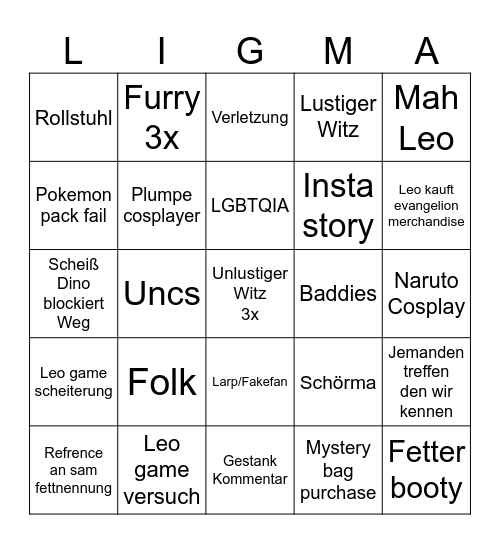 Comic Con Bingo Card