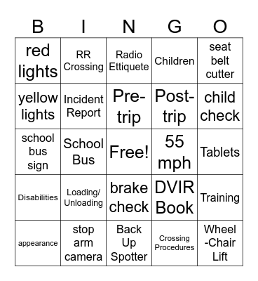 Transpo Bus Bingo Card