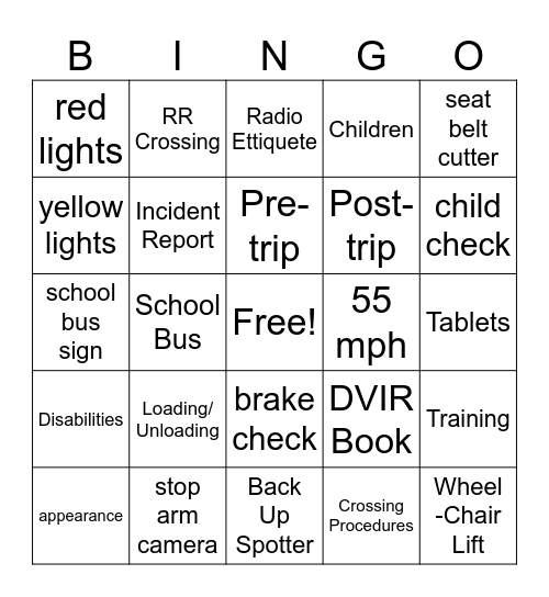 Transpo Bus Bingo Card