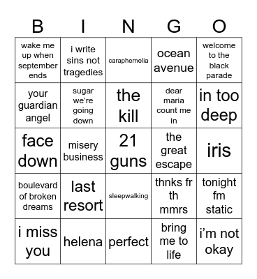 emo anthems Bingo Card