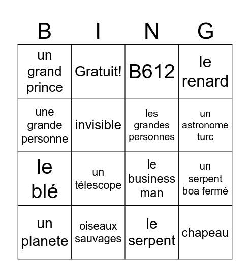 Petit Prince Bingo Card