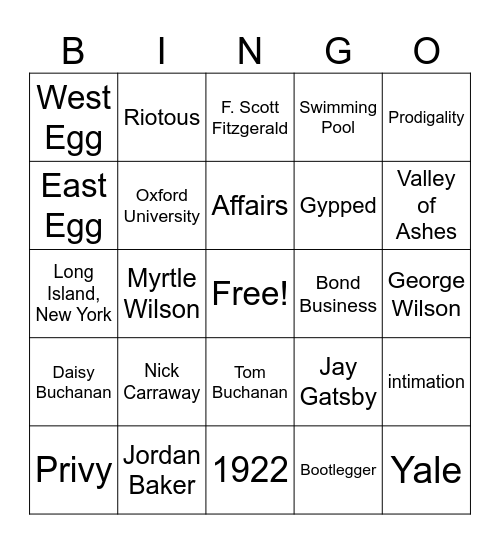 The Great Gatsby Bingo Card