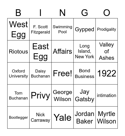 The Great Gatsby Bingo Card