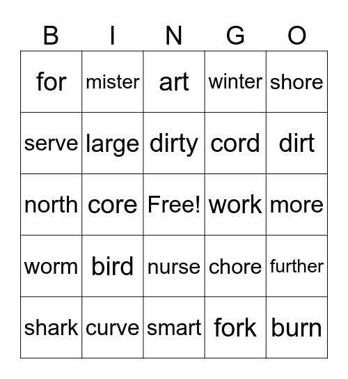 R Controlled Vowels Bingo Card