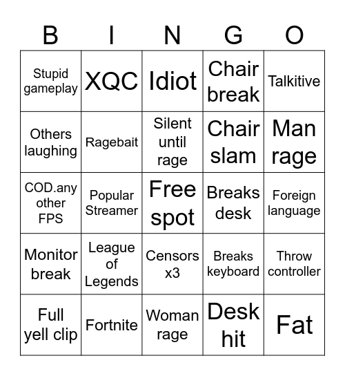 Gamer Rage Bingo Card